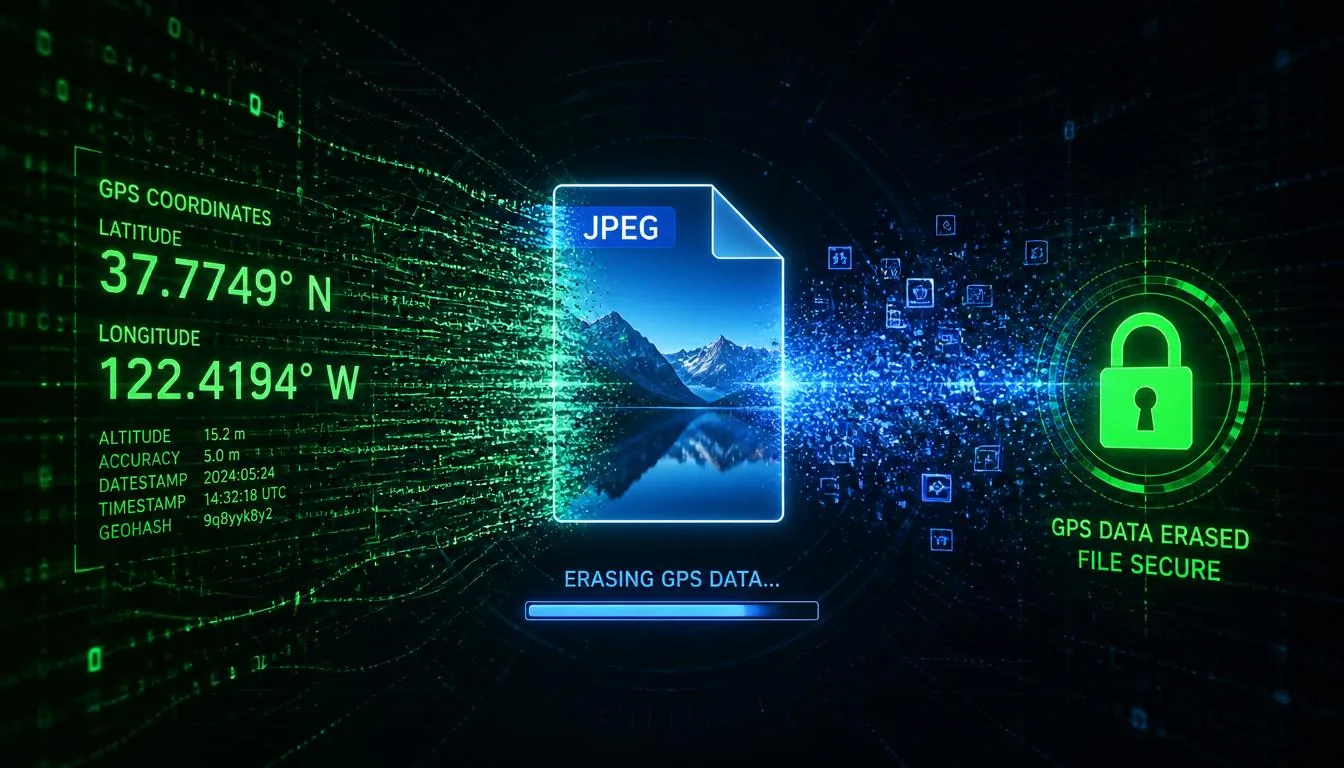 Digital visualization of GPS coordinates being erased from a photo with a security lock