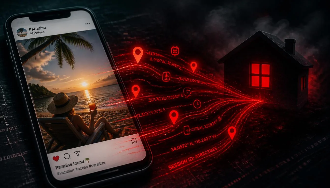 Beach vacation photo leaking hidden GPS coordinates toward the user's home