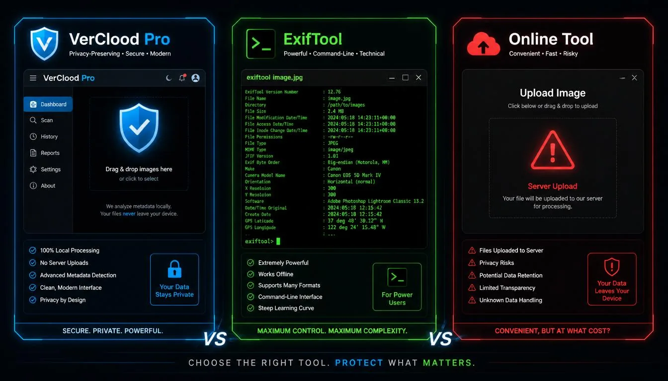 Comparison of VerClood Pro, ExifTool and online metadata removal tools