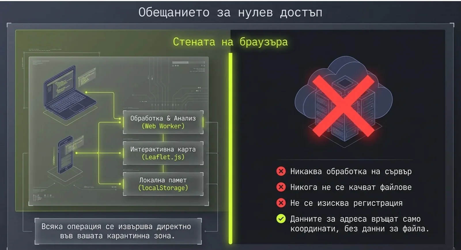 Цялата обработка е локална — снимките ви никога не напускат браузъра.