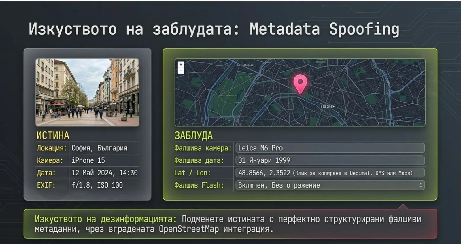 Метаданните лесно се подменят — затова се прави кръстосана проверка на истината.