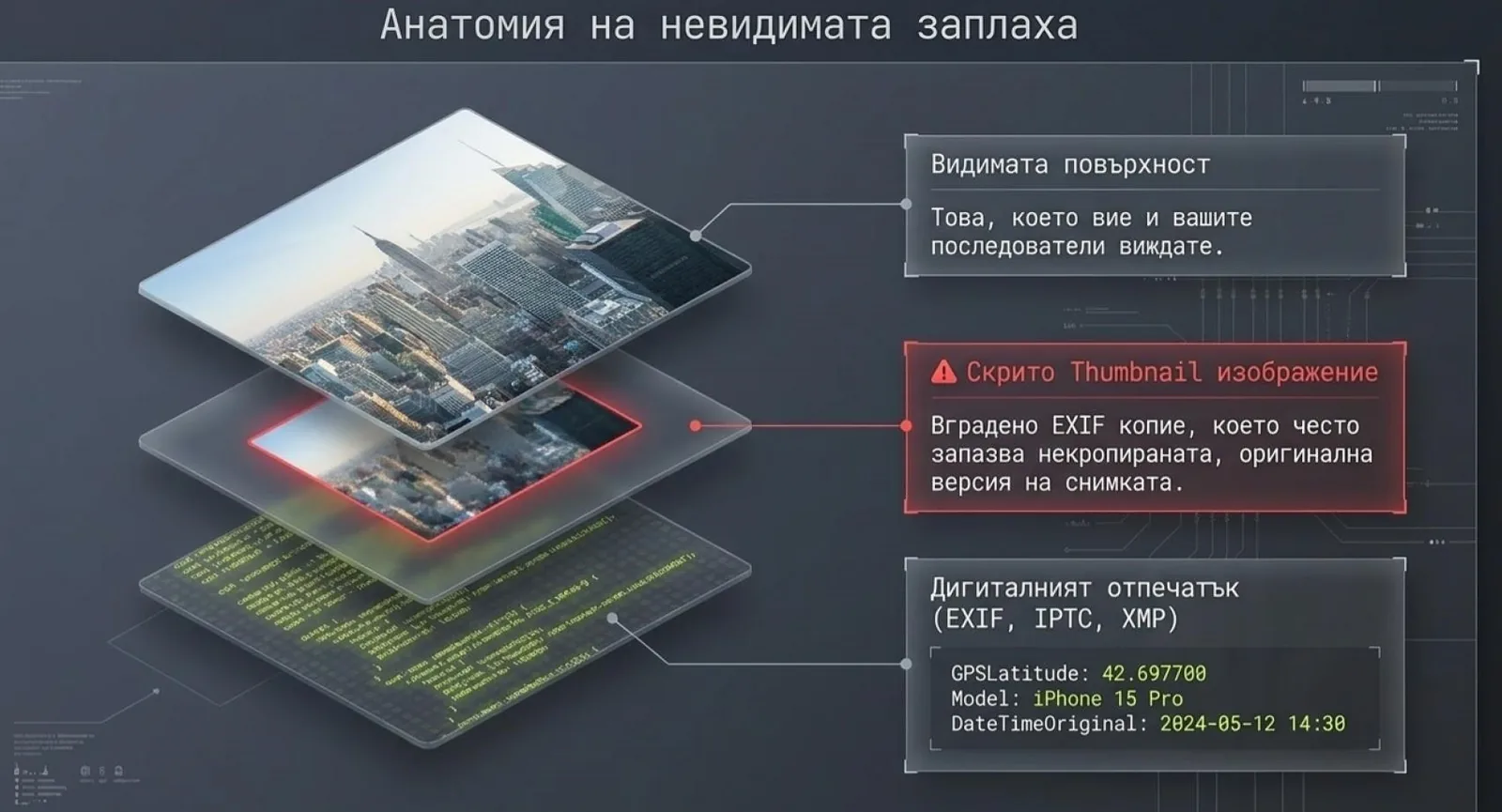 Layers of hidden metadata in a photo — visible surface, hidden thumbnail and EXIF fingerprint